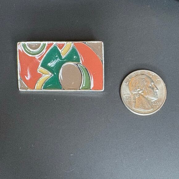 Vintage Ginnie Johansen Enamel Brooch Pink Green Yellow Abstract 1.75" - Picture 3 of 3